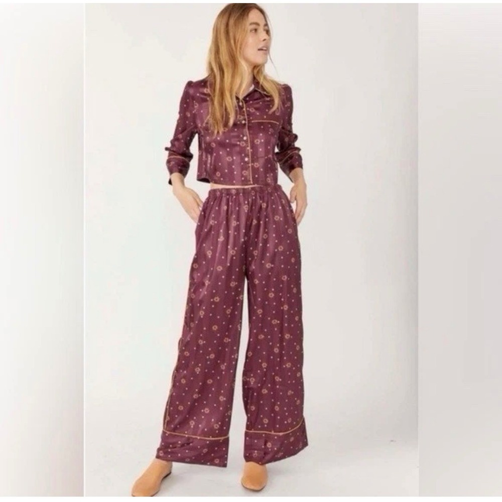 Intimately Free People Satin Pajama Party Set Burgundy Floral Wide Leg Pants L‎